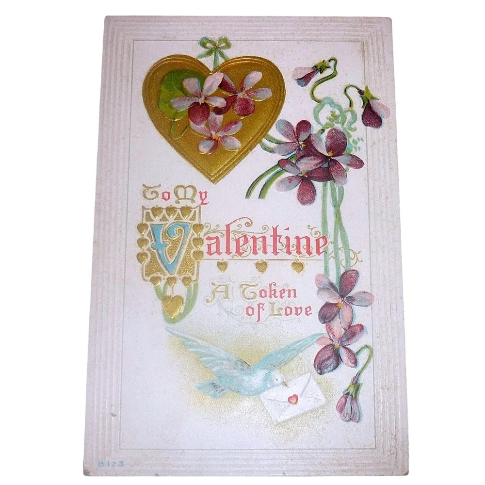 Antique 1910 Valentine Postcard Blue Bird Gold Heart Violets Embossed B.173